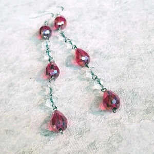 Faceted Crystal Red Clear Beads 5" Long Shoulder Duster Earrings